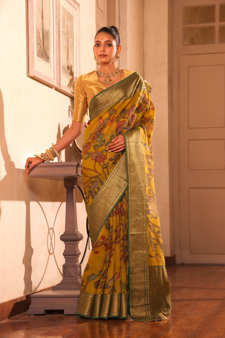 organza-jungle-theme-yellow-green-kalamkari-saree