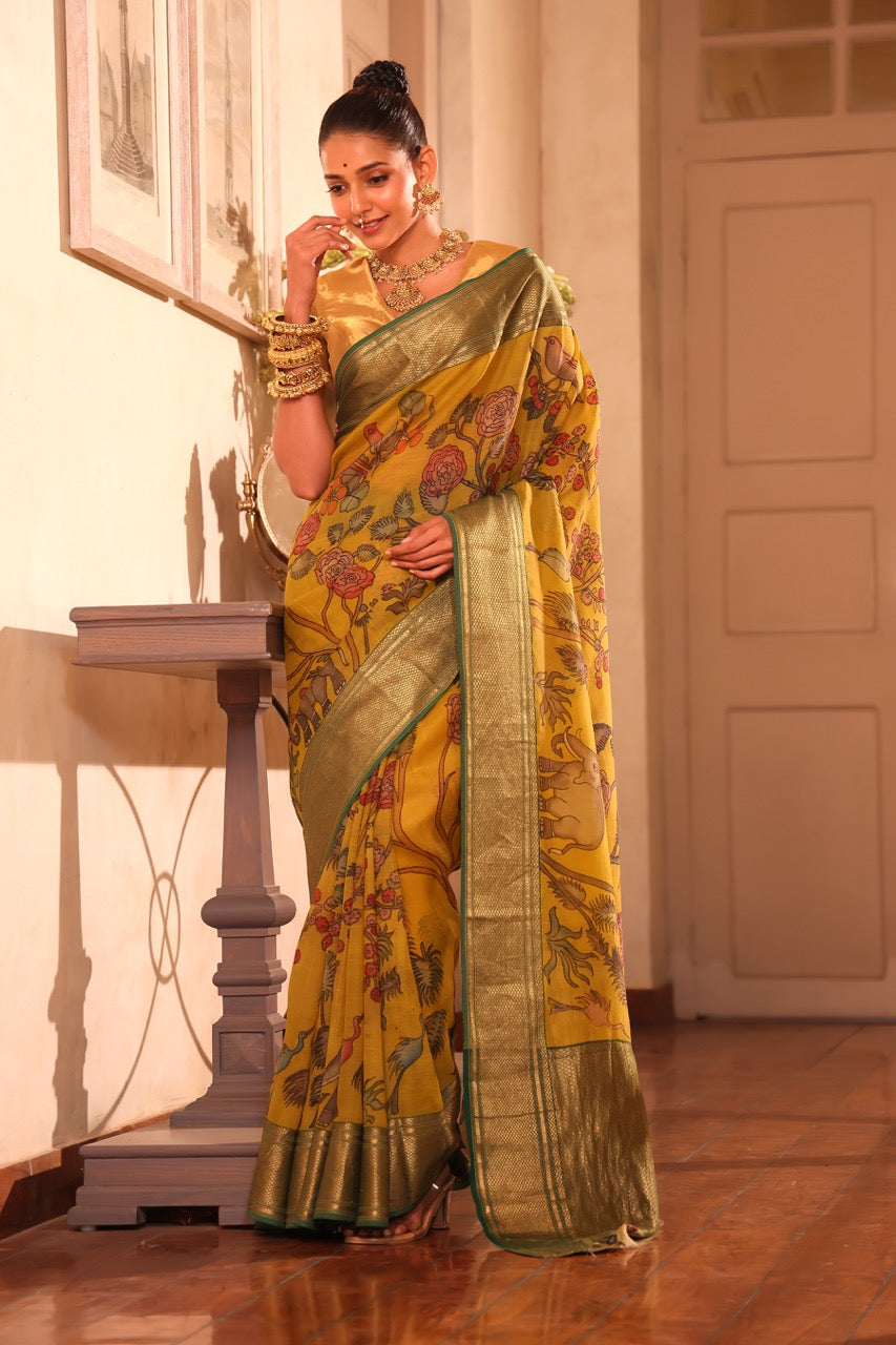 organza-jungle-theme-yellow-green-kalamkari-saree