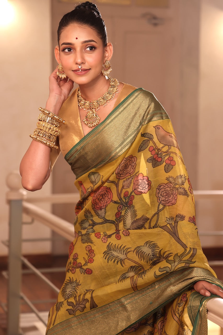 organza-jungle-theme-yellow-green-kalamkari-saree