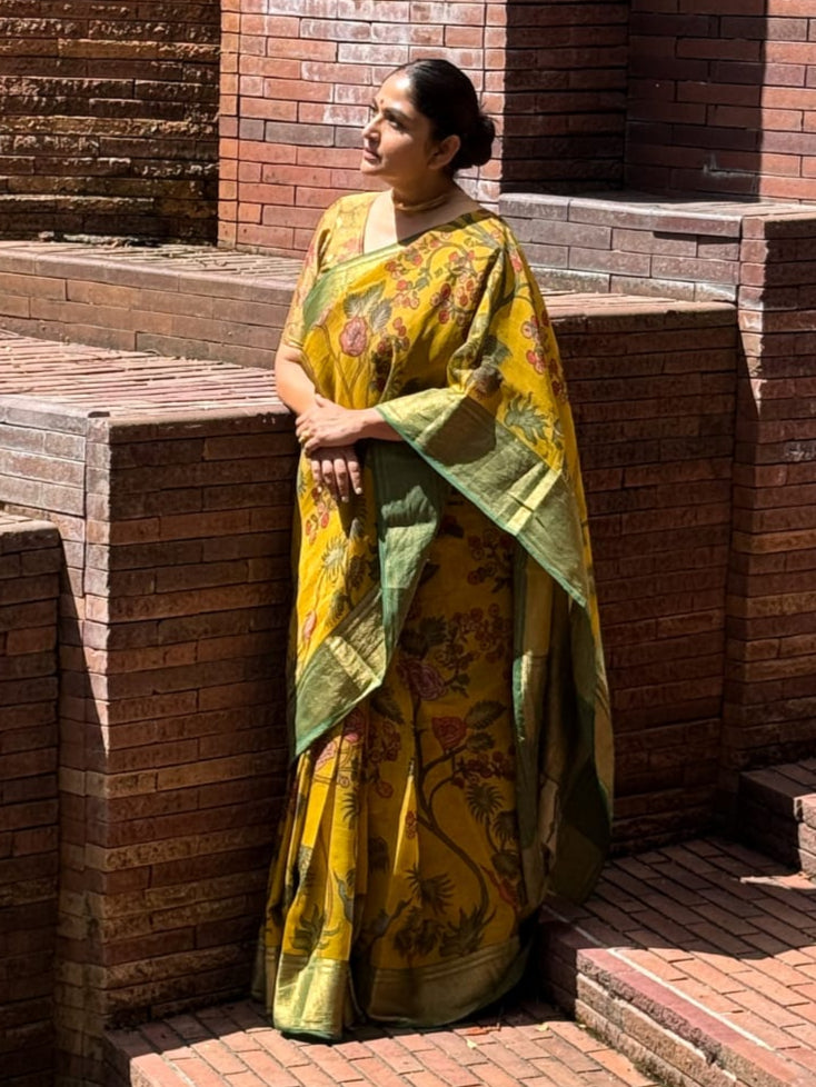 organza-jungle-theme-yellow-green-kalamkari-saree