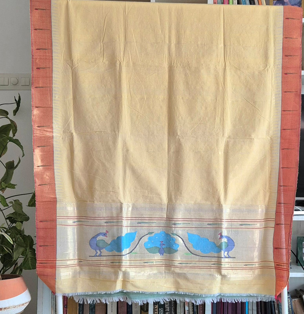Amul Butter Colour Handloom Cotton Paithani Dupatta with Tissue Silk Muniya Border