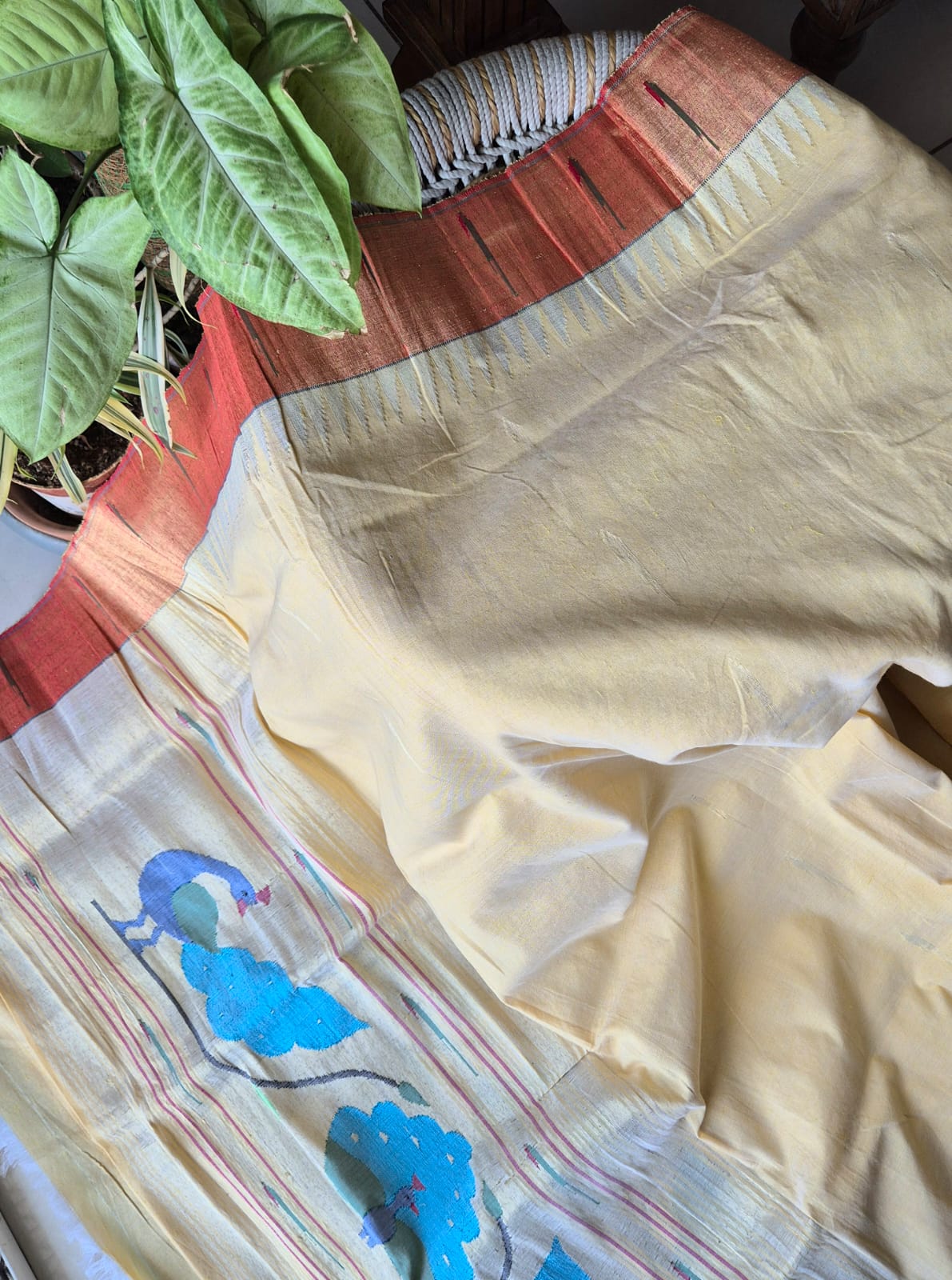 Amul Butter Colour Handloom Cotton Paithani Dupatta with Tissue Silk Muniya Border