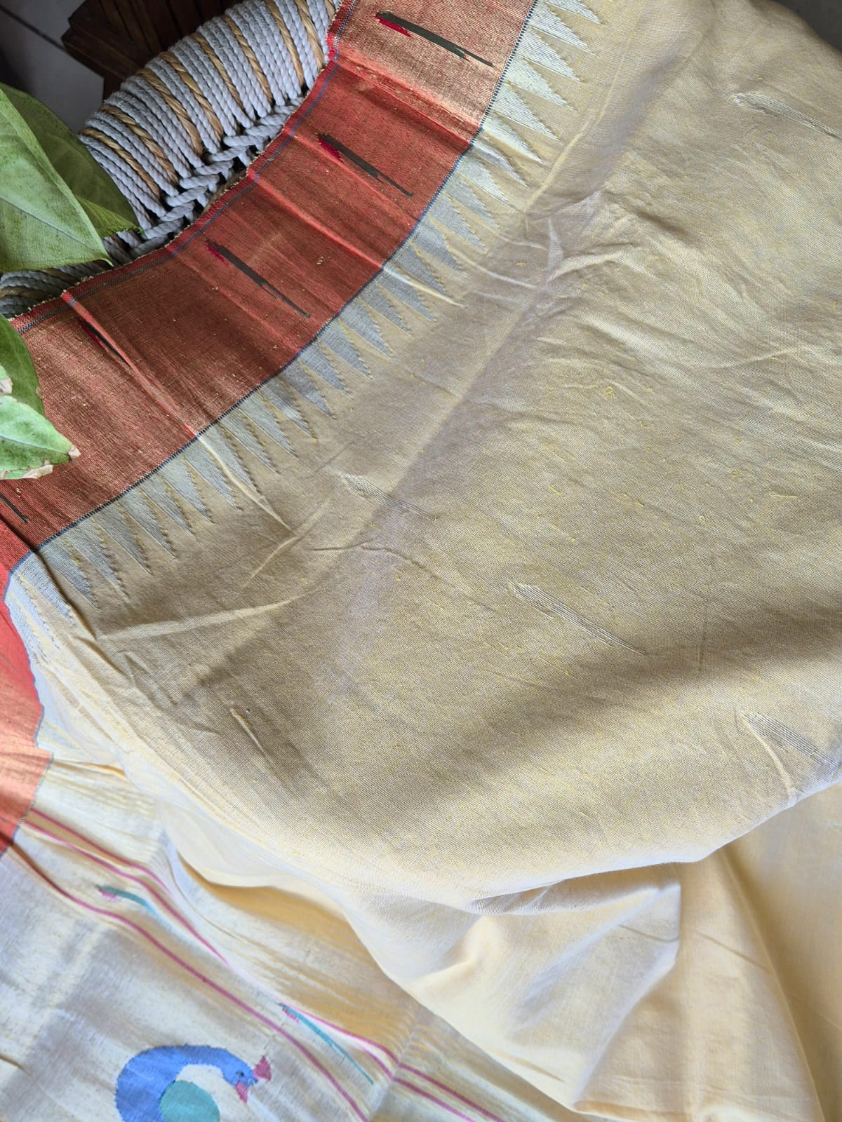 Amul Butter Colour Handloom Cotton Paithani Dupatta with Tissue Silk Muniya Border