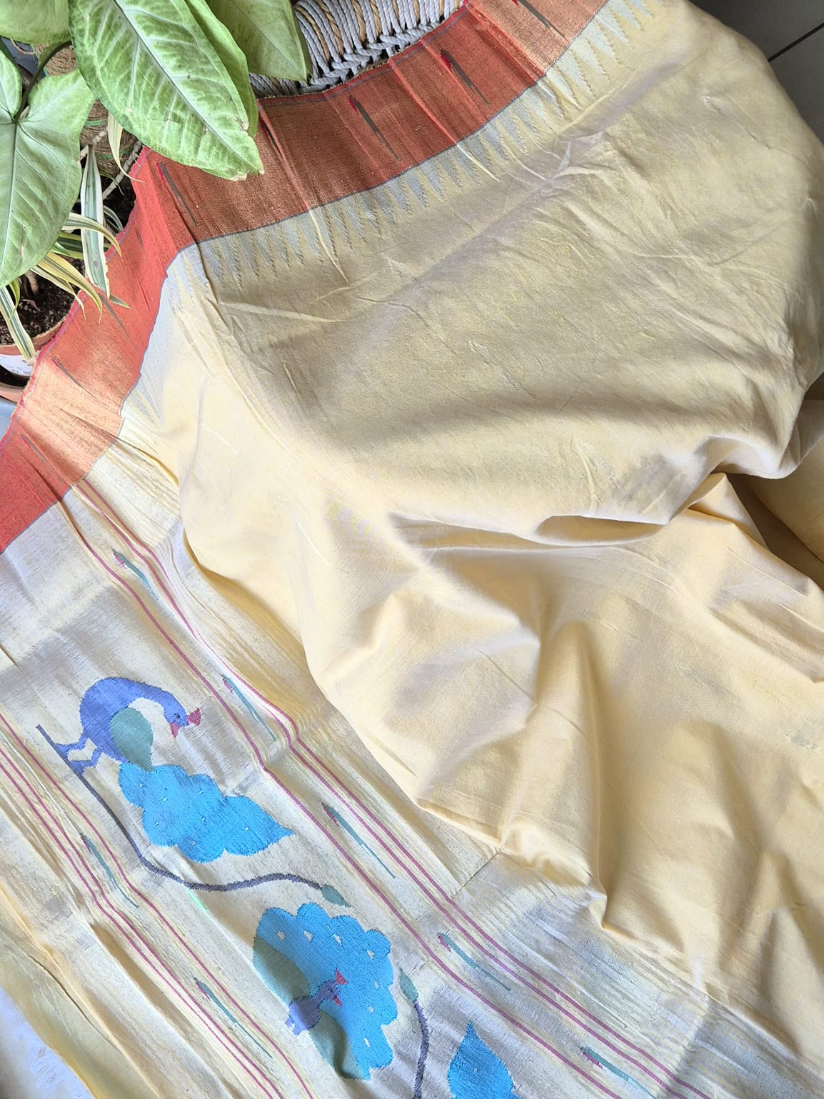 Amul Butter Colour Handloom Cotton Paithani Dupatta with Tissue Silk Muniya Border