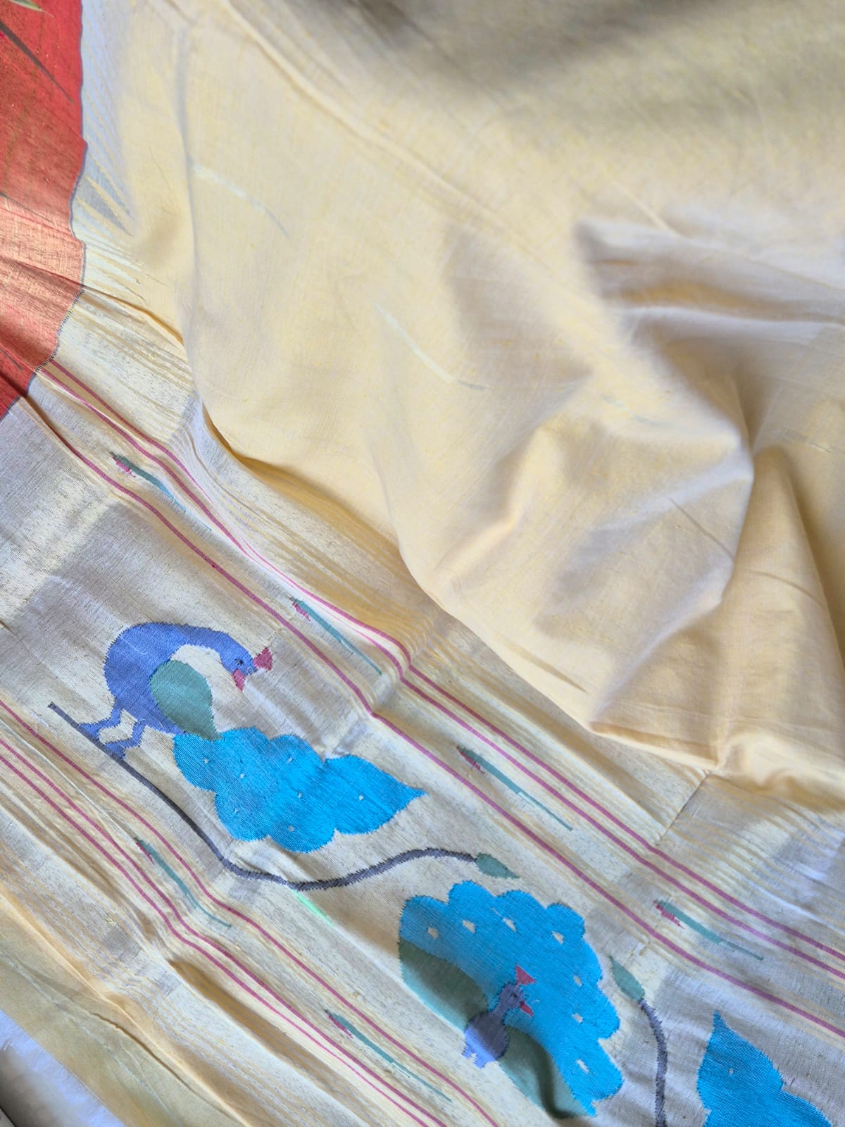 Amul Butter Colour Handloom Cotton Paithani Dupatta with Tissue Silk Muniya Border