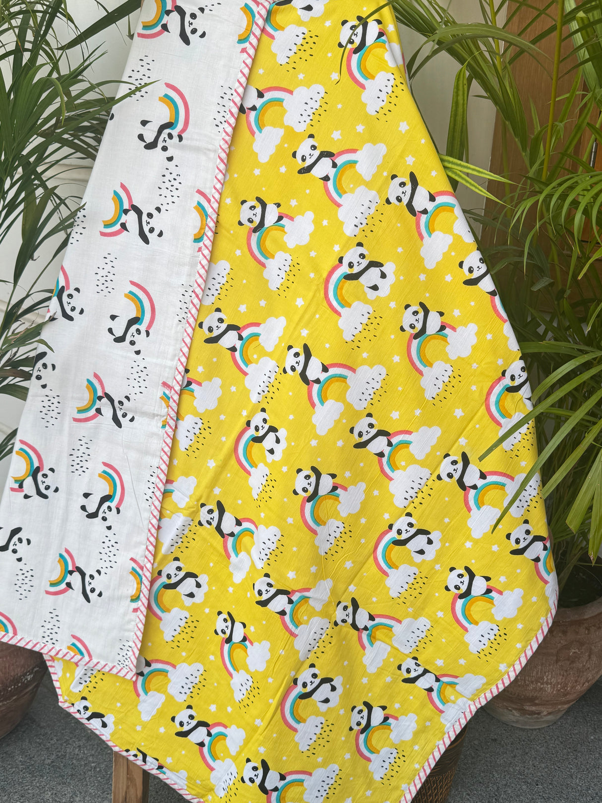 soft breathable mulmul cotton panda dohar for kids in yellow and white print