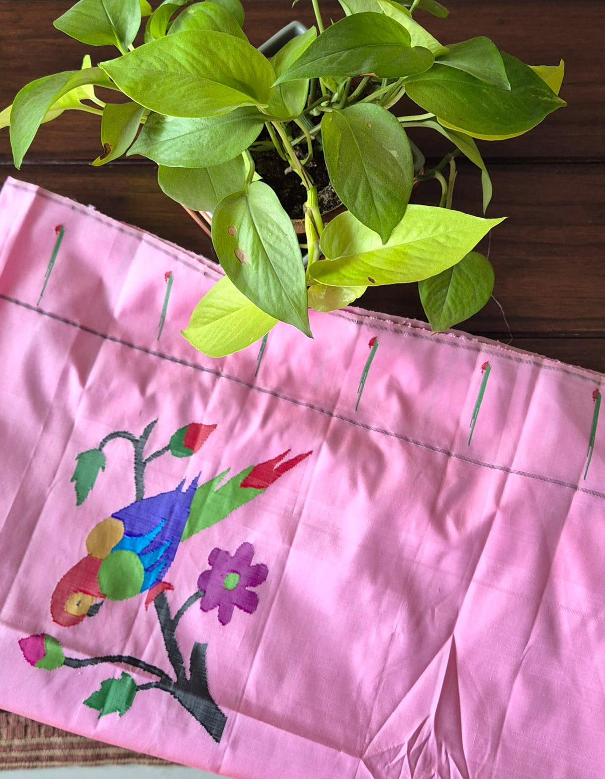 Pastel Pink Parrot Theme Silk Paithani Blouse Piece (1 meter)