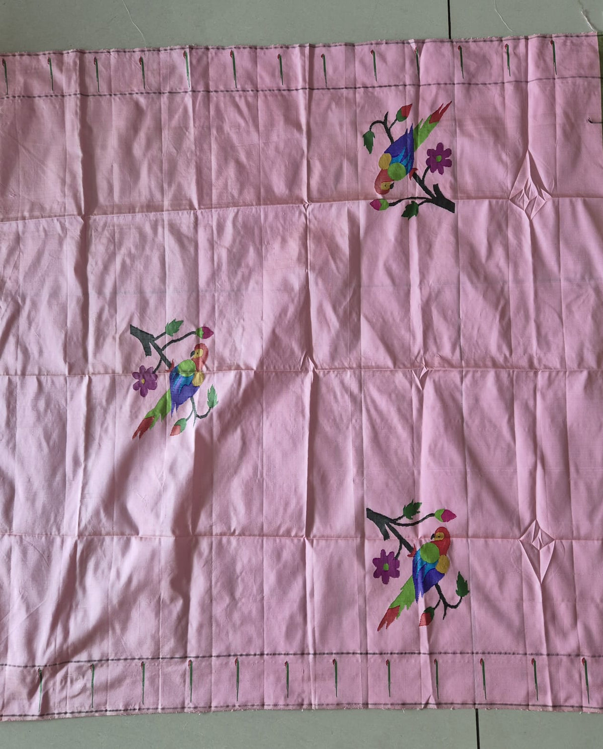 Pastel Pink Parrot Theme Silk Paithani Blouse Piece (1 meter)
