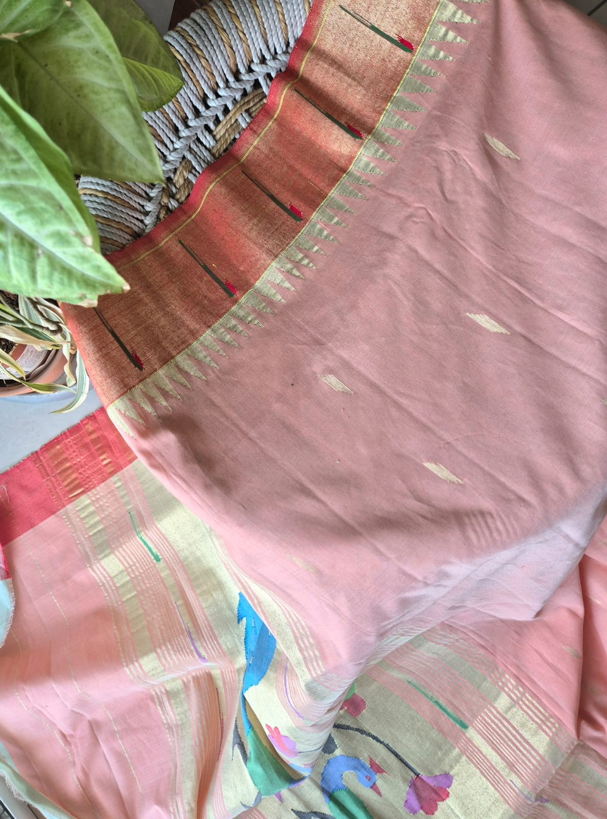 Peach Handloom Cotton Paithani Dupatta with Tissue Silk Muniya Border