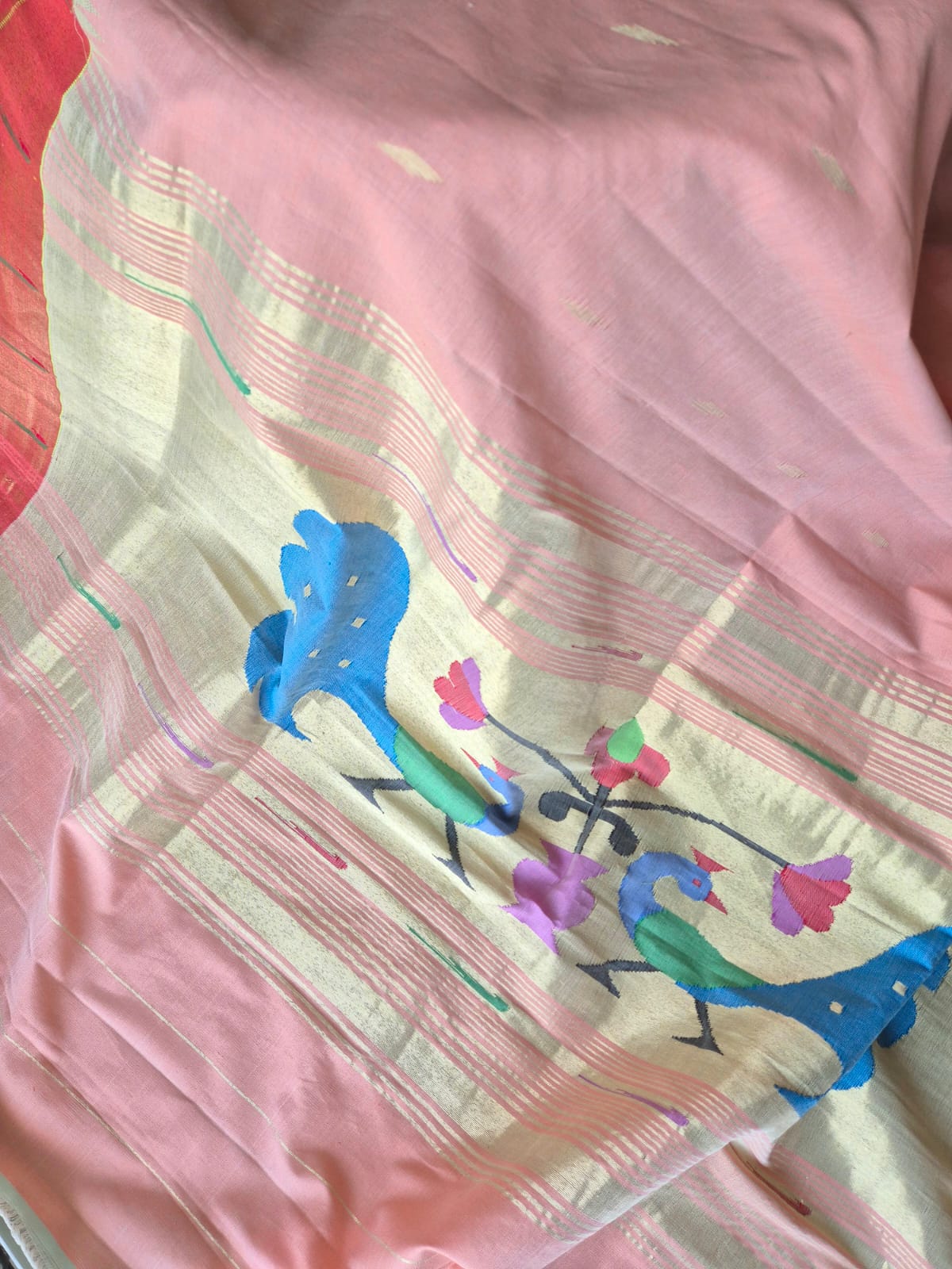 Peach Handloom Cotton Paithani Dupatta with Tissue Silk Muniya Border