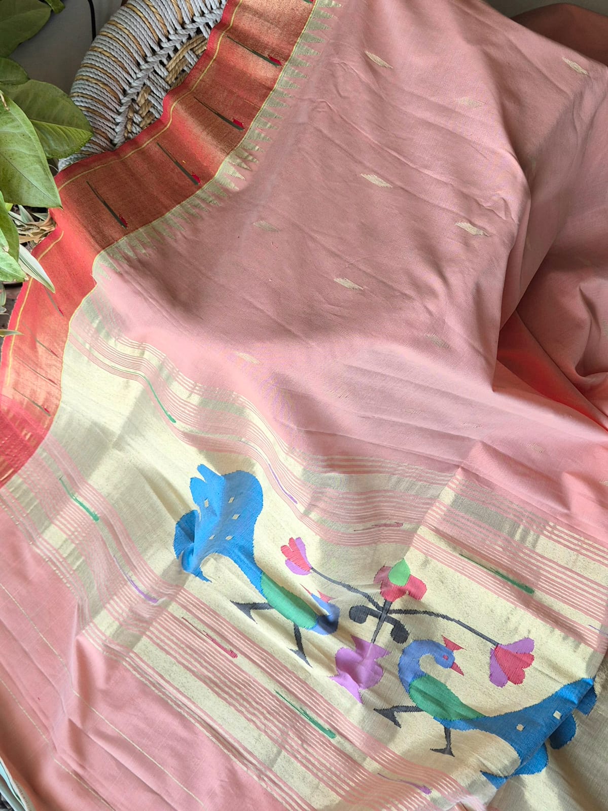 Peach Handloom Cotton Paithani Dupatta with Tissue Silk Muniya Border