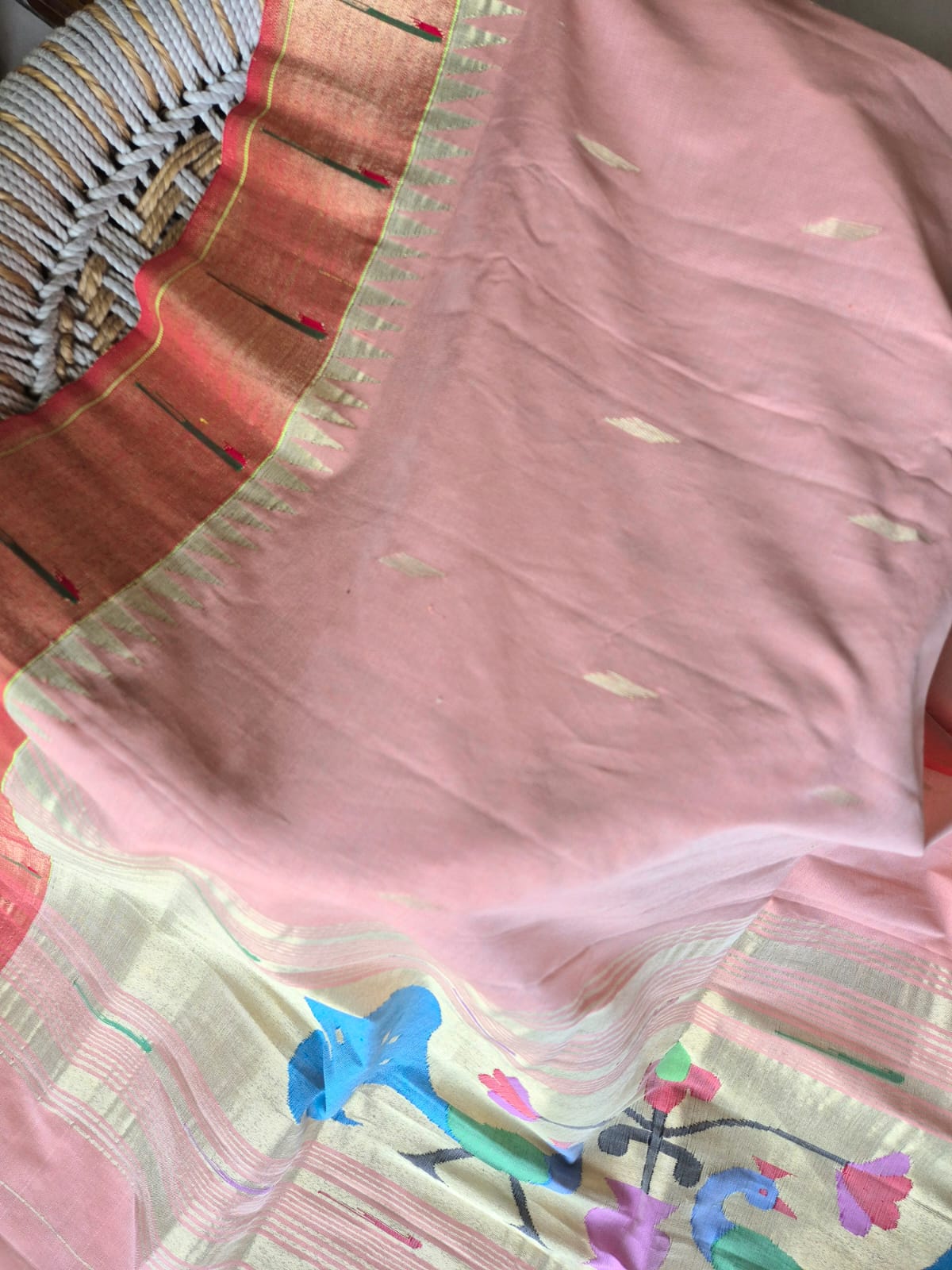 Peach Handloom Cotton Paithani Dupatta with Tissue Silk Muniya Border