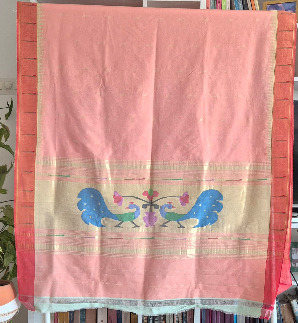 Peach Handloom Cotton Paithani Dupatta with Tissue Silk Muniya Border