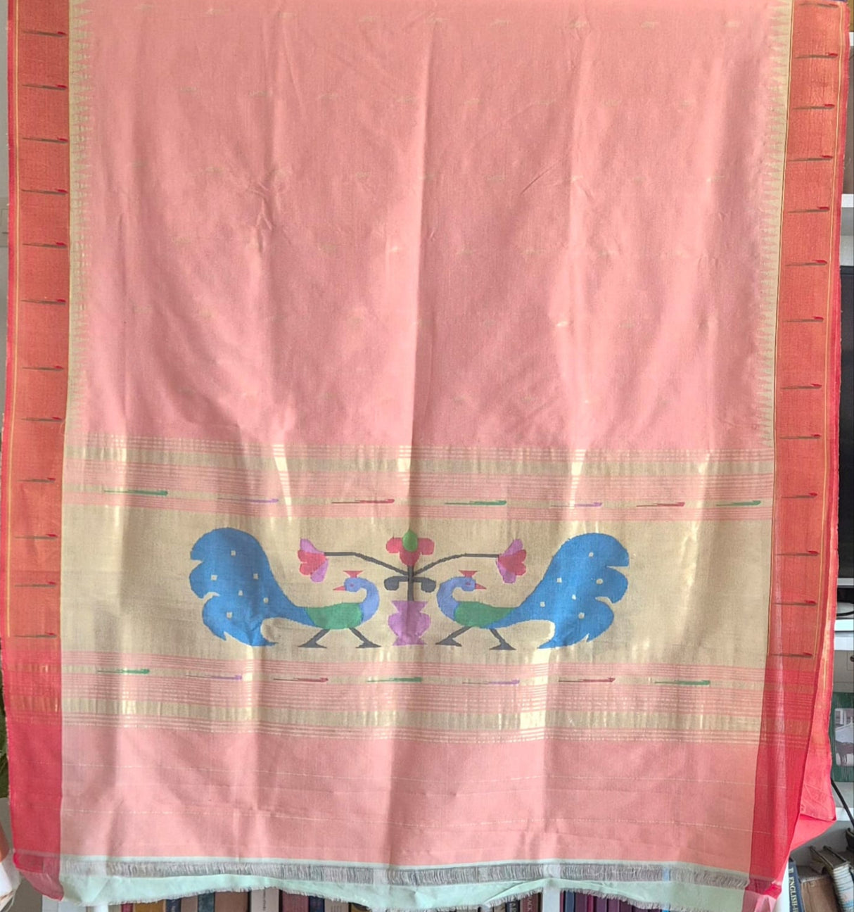 Peach Handloom Cotton Paithani Dupatta with Tissue Silk Muniya Border