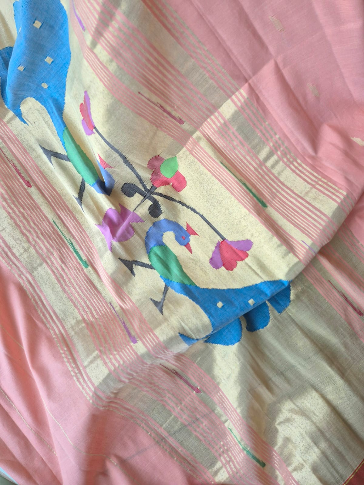 Peach Handloom Cotton Paithani Dupatta with Tissue Silk Muniya Border