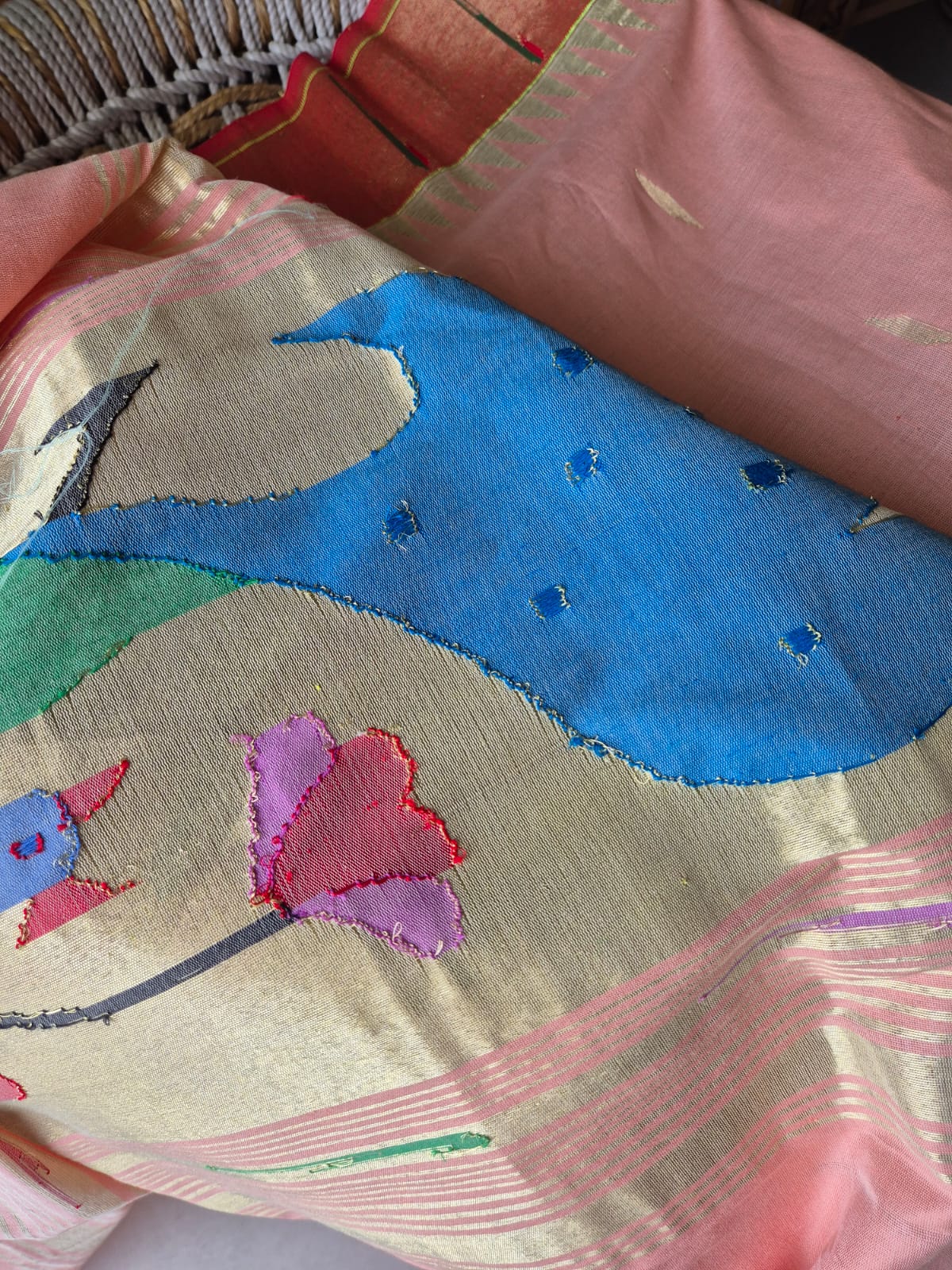 Peach Handloom Cotton Paithani Dupatta with Tissue Silk Muniya Border