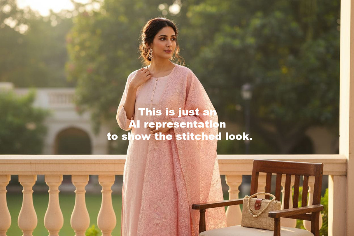 Peach Pink Three Piece Chanderi Mulmul Semi Stitched Suit Set With Heavy Machine Embroidfered Dupatta