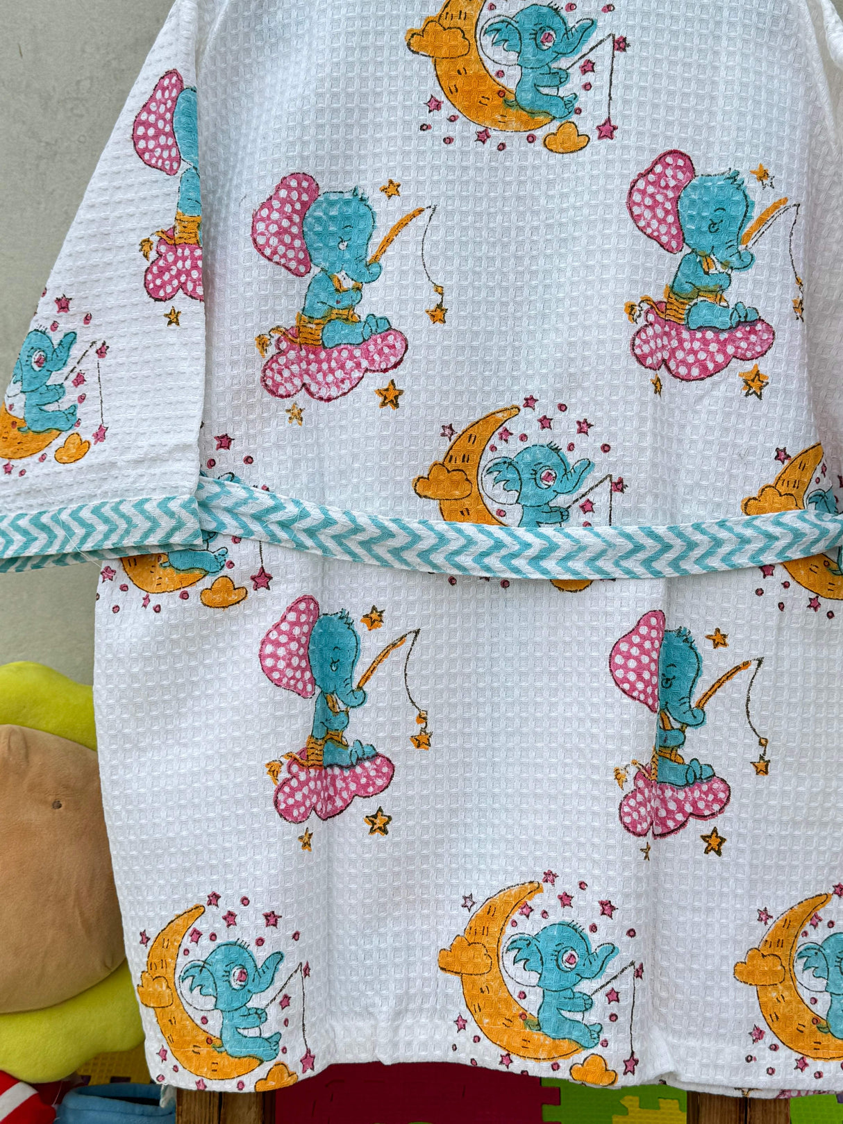 kids cotton bathrobe in elephant theme waffle weave with custom name embroidery shipped worldwide for resellers and gift order