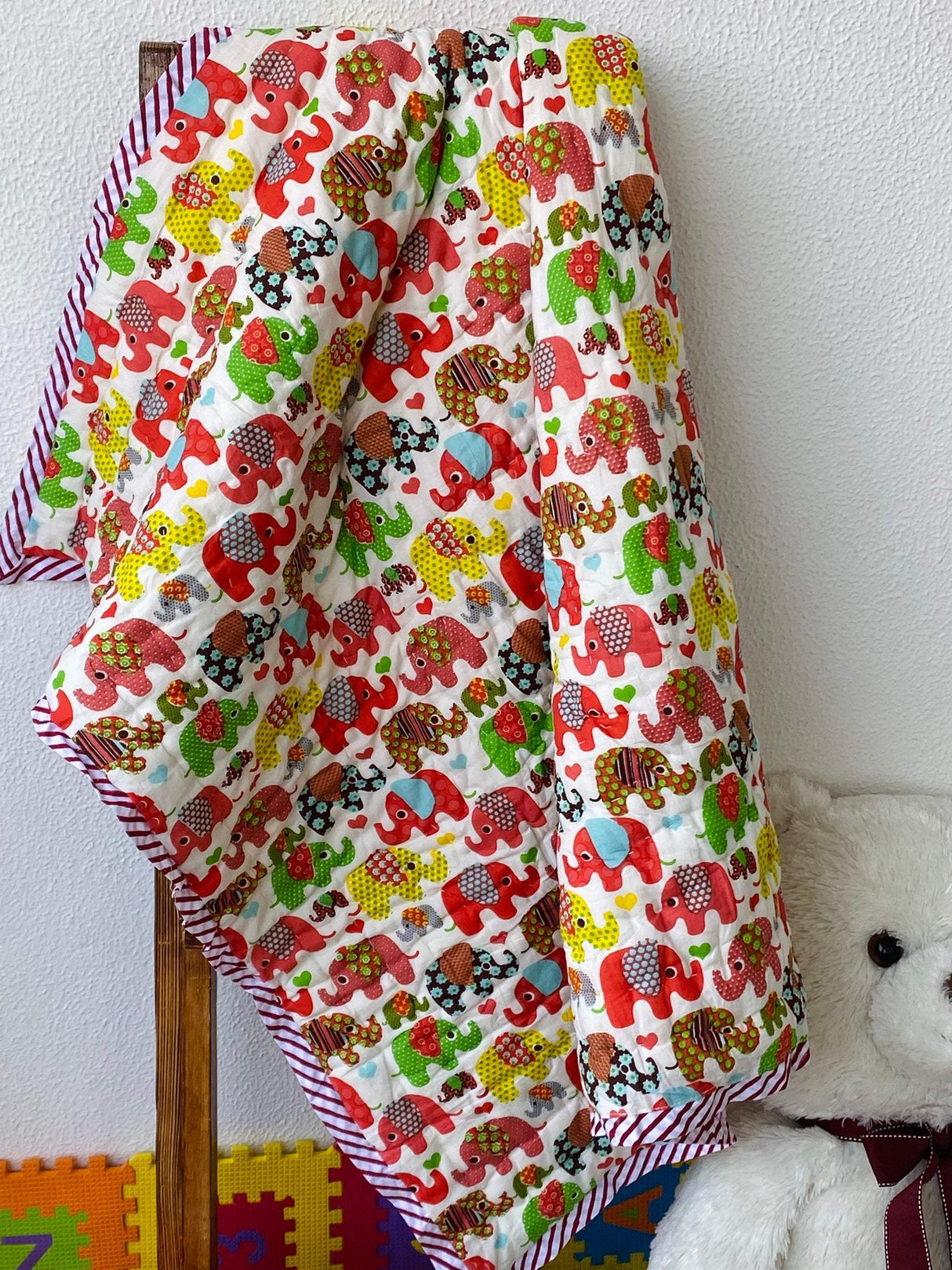 block printed elephant themed cotton quilt handmade by Jaipur artisans for export to Malaysia