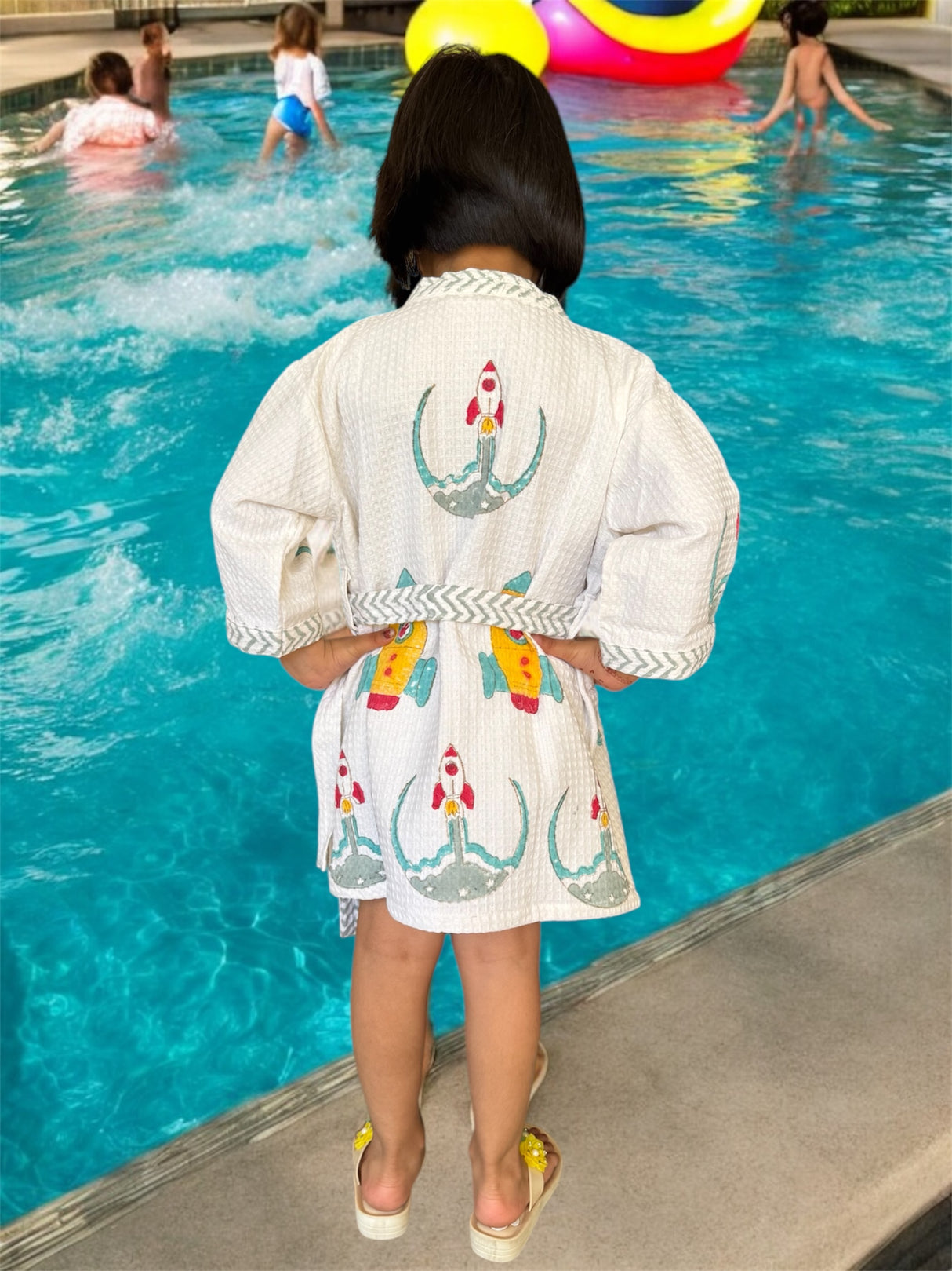 handcrafted waffle cotton kids bathrobe with embroidered name and rocket theme shipped to new york singapore and other global locations