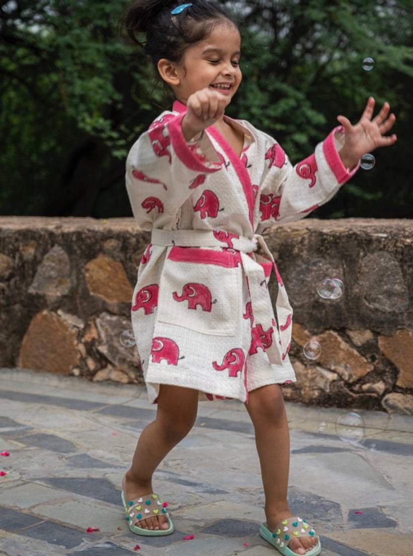 breathable waffle cotton kids bathrobe with custom name and elephant block print ideal for international resellers in Israel and Chile