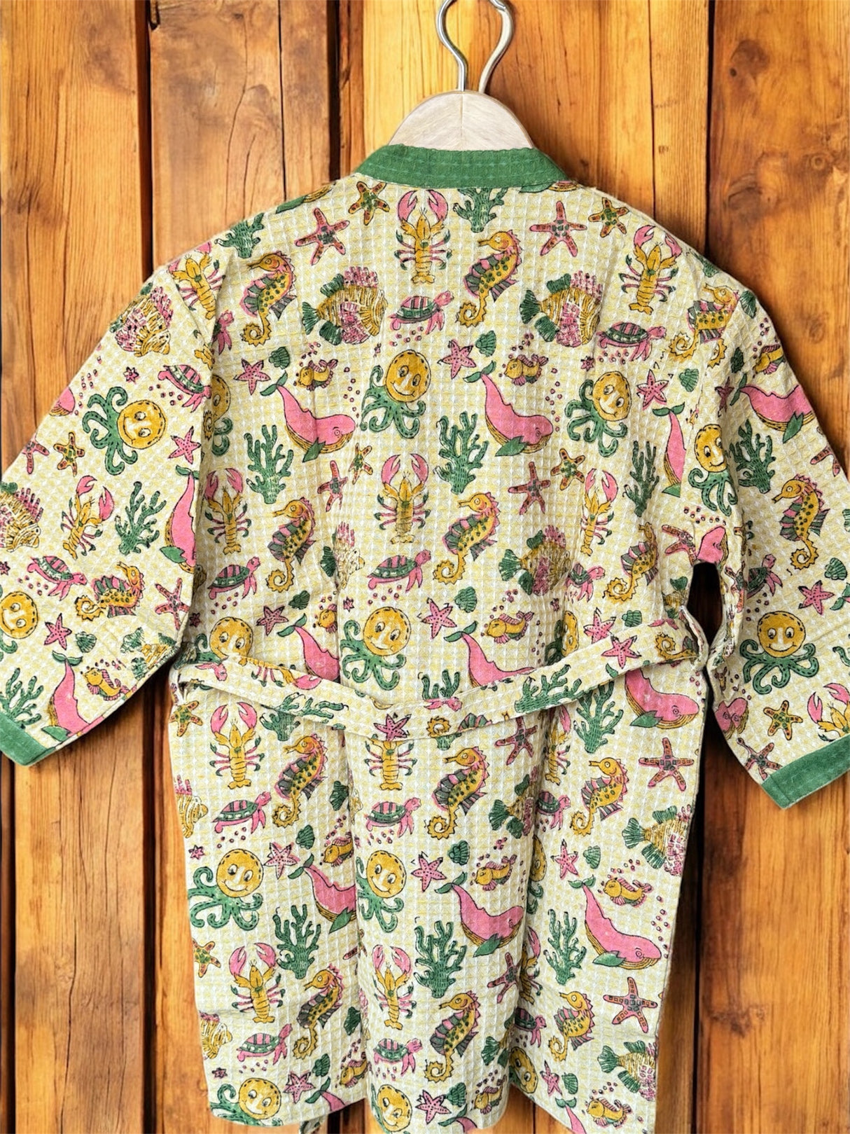 Jaipur artisan made kids waffle bathrobes with turtle lobster octopus crab design for global shipping