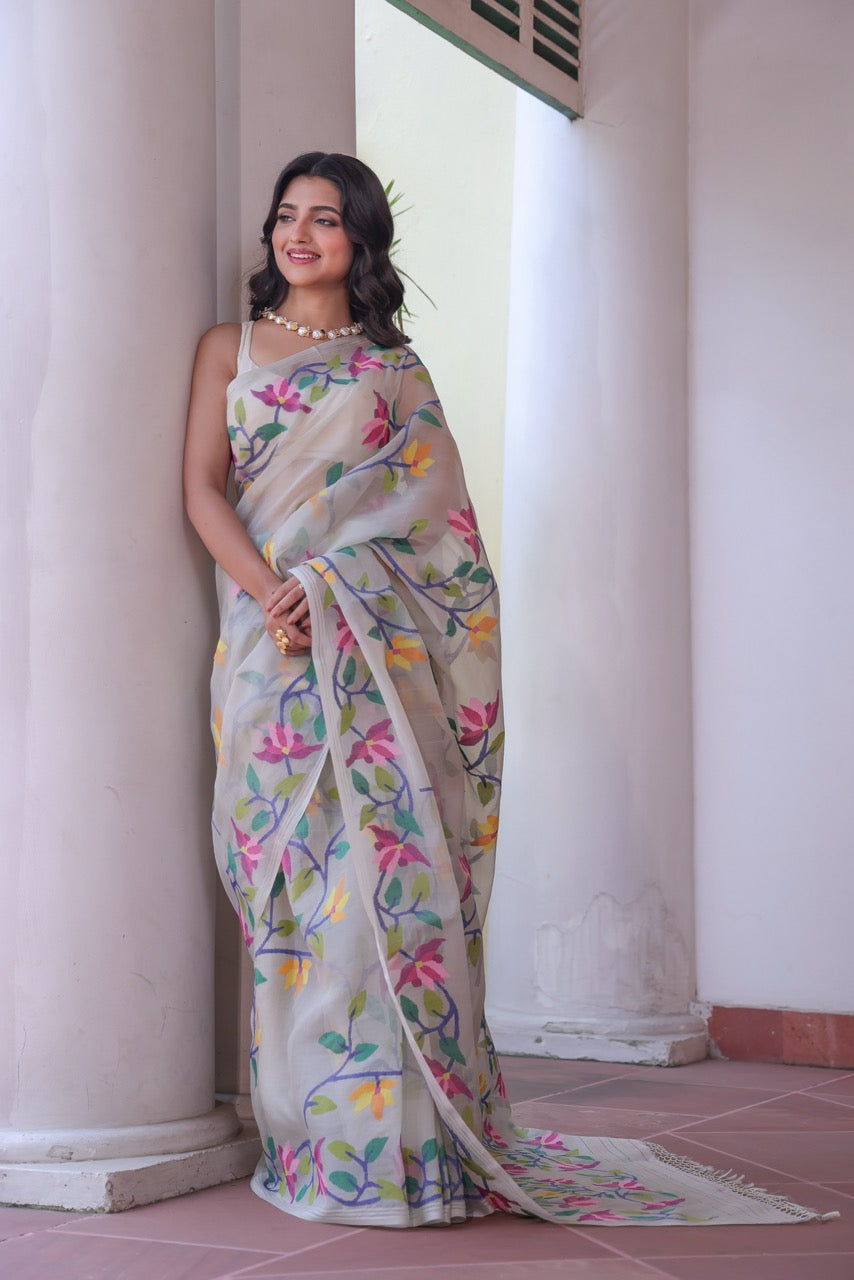 Phoolon Ki Boondein - Handloom Muslin Silk Saree with Jamdani weaving
