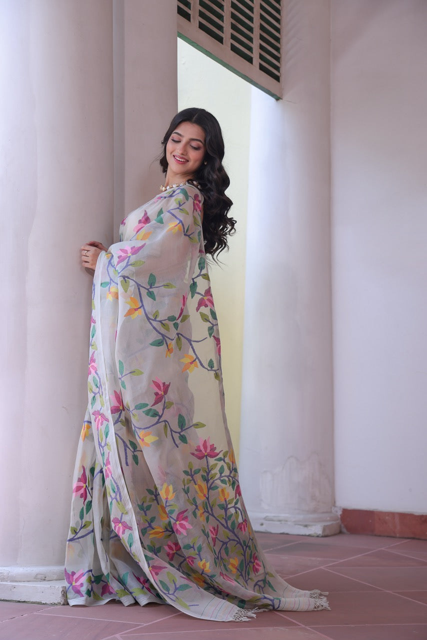 Phoolon Ki Boondein - Handloom Muslin Silk Saree with Jamdani weaving