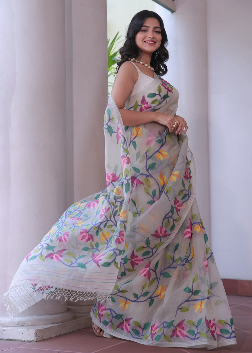 Phoolon Ki Boondein - Handloom Muslin Silk Saree with Jamdani weaving