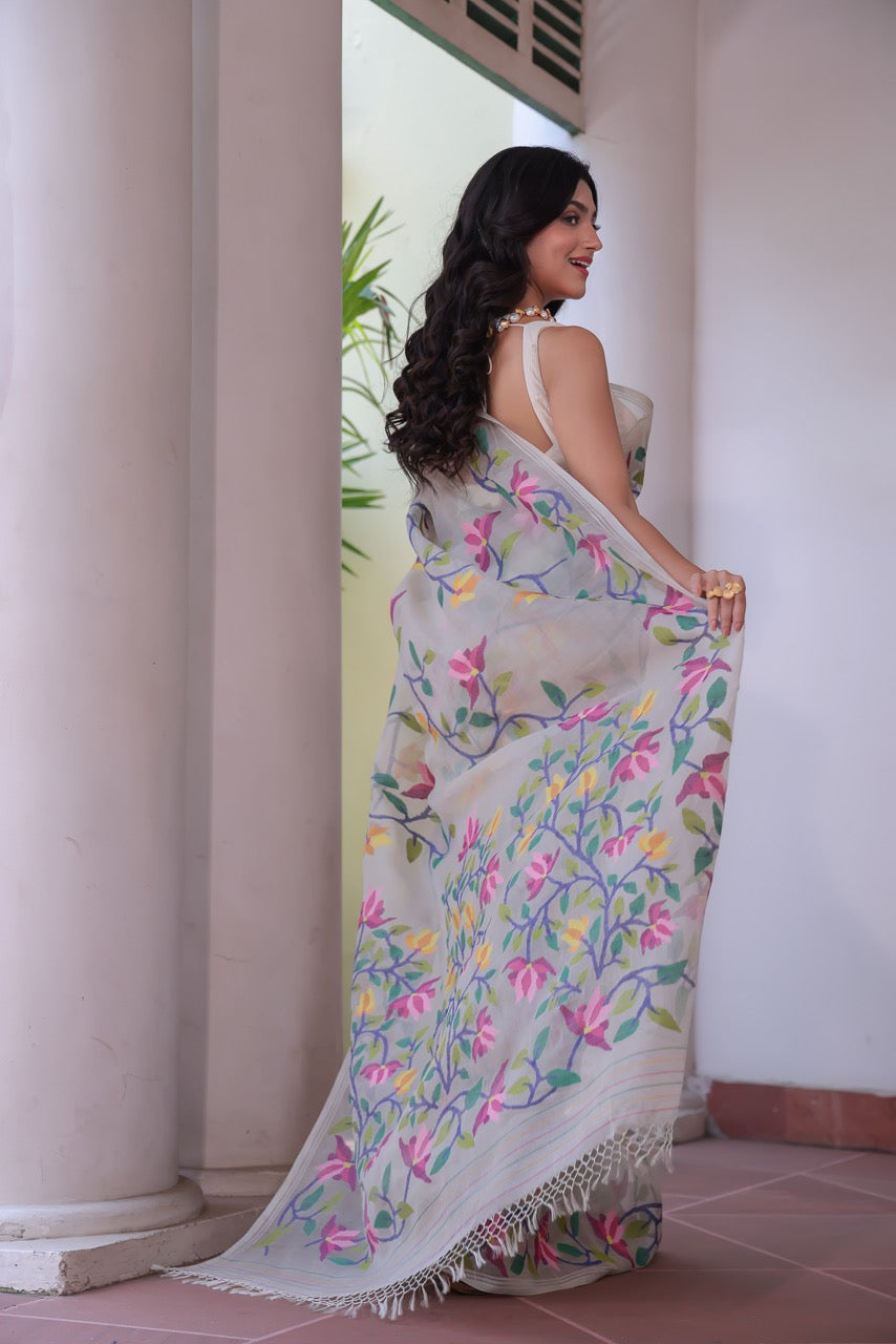 Phoolon Ki Boondein - Handloom Muslin Silk Saree with Jamdani weaving