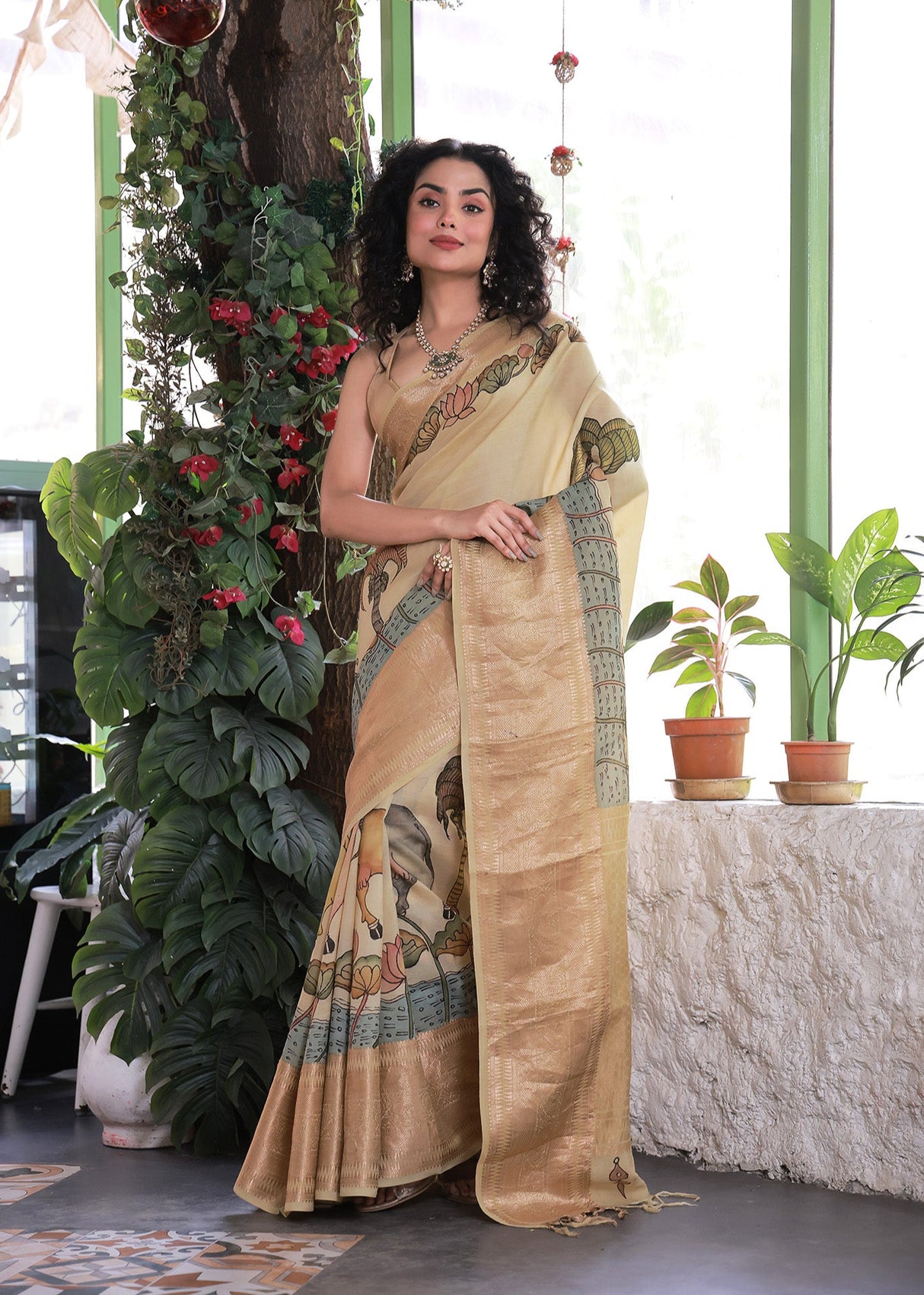 Pichwai and Floral Theme Bangalore Silk Kalamakari Saree in Blue Base Colour