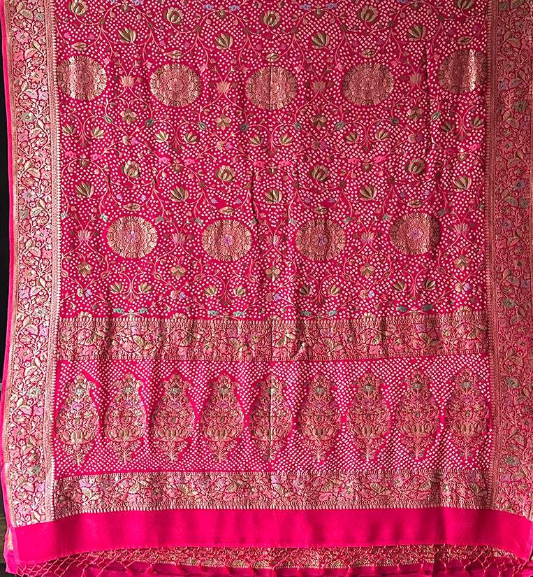 Pink Exclusive Handloom Pure Banarasi Georgette Bandhani Saree