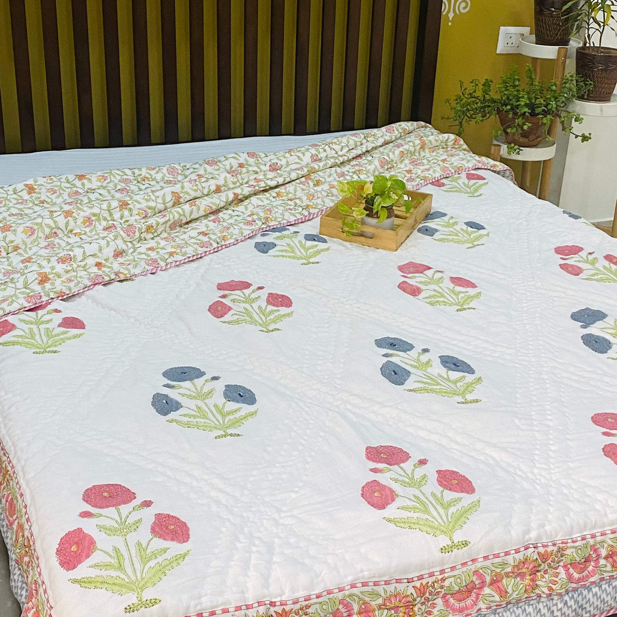 Mulmul Cotton Quilt in Floral Block Print main image 0