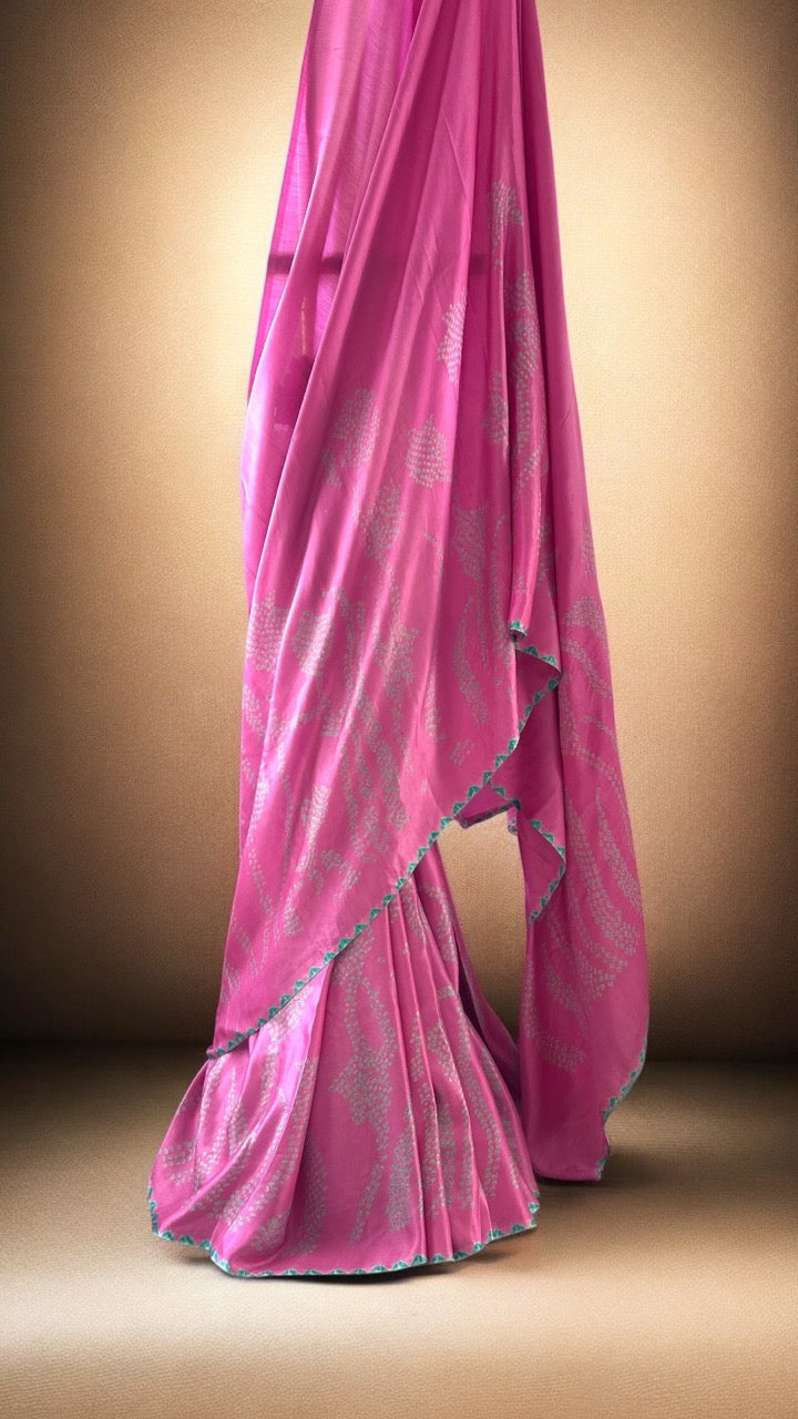 Pink and Blue Stylish Pure Gajji Silk Bandhani Saree