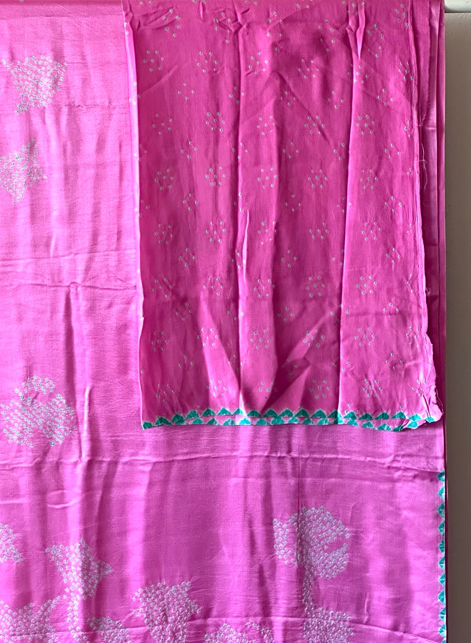 Pink and Blue Stylish Pure Gajji Silk Bandhani Saree