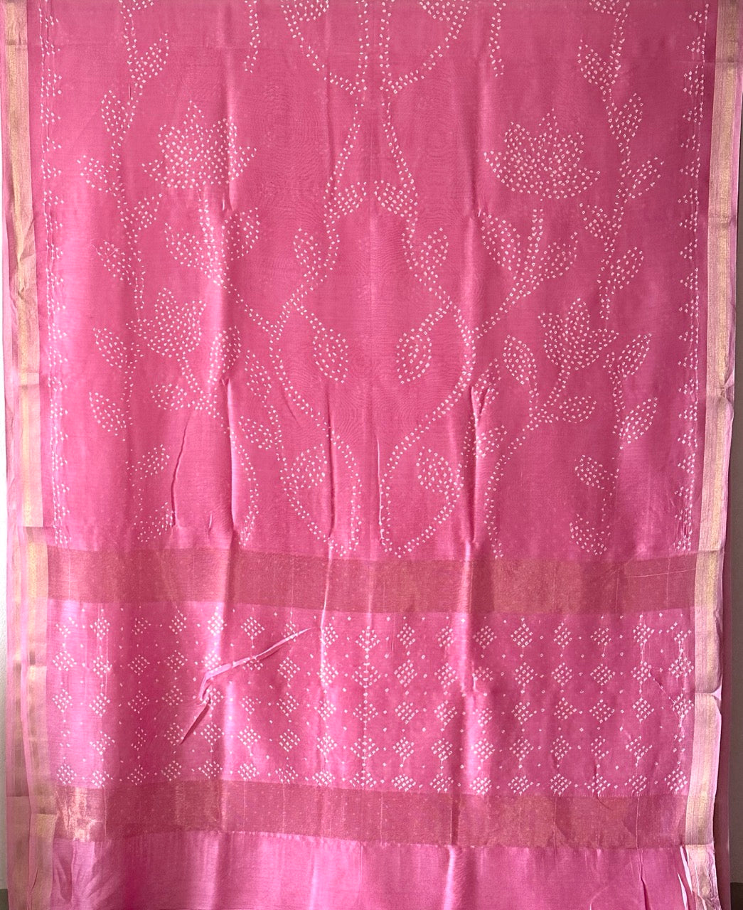 Pink Chanderi Cotton Silk Half And Half Bandhani Saree