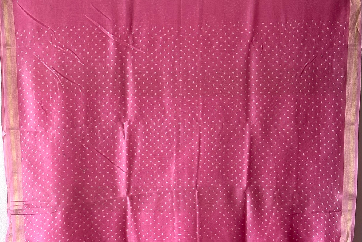 Pink Chanderi Cotton Silk Half And Half Bandhani Saree