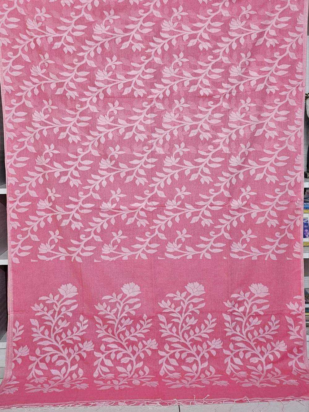 Carrot Pink Floral Cotton Saree made on Jacquard Loom