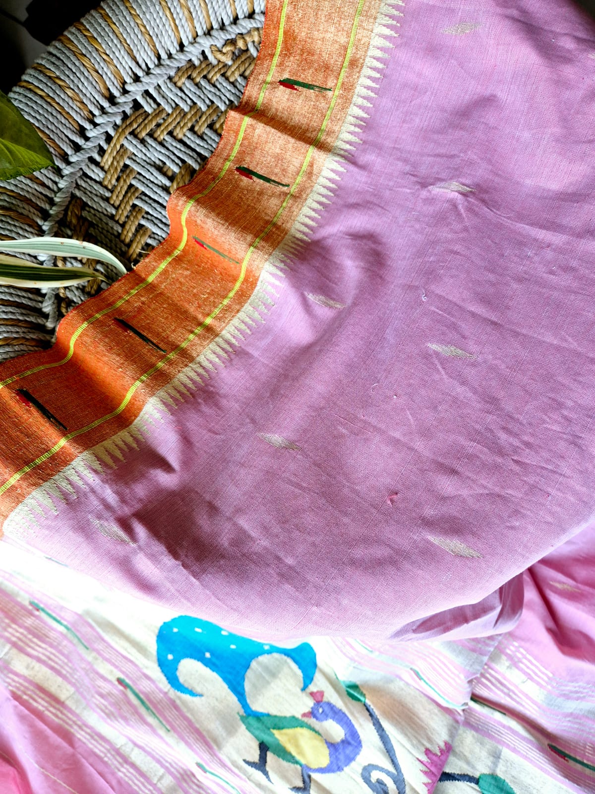 Pink Handloom Cotton Paithani Dupatta with Tissue Silk Muniya Border