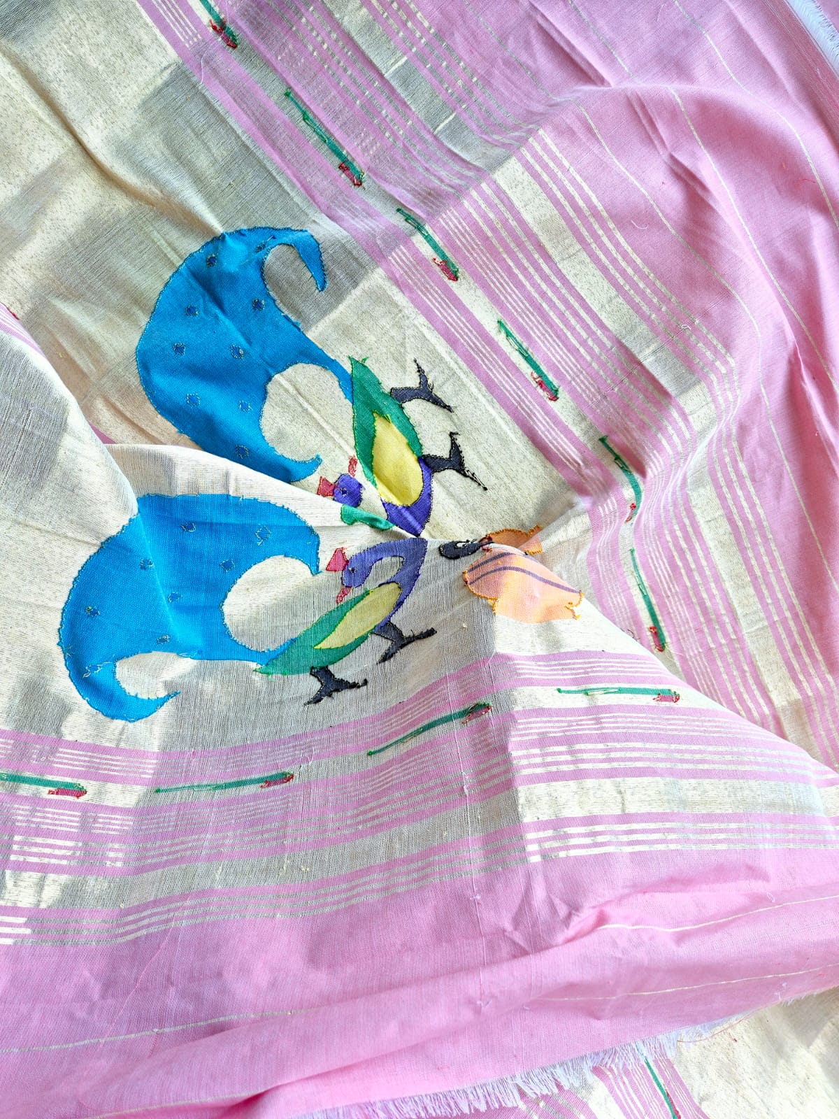 Pink Handloom Cotton Paithani Dupatta with Tissue Silk Muniya Border