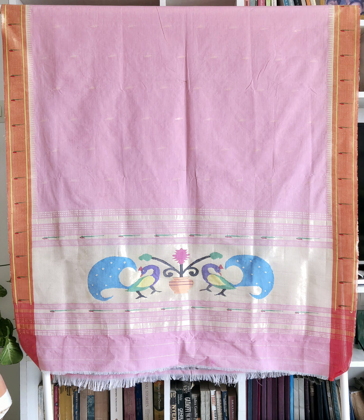 Pink Handloom Cotton Paithani Dupatta with Tissue Silk Muniya Border