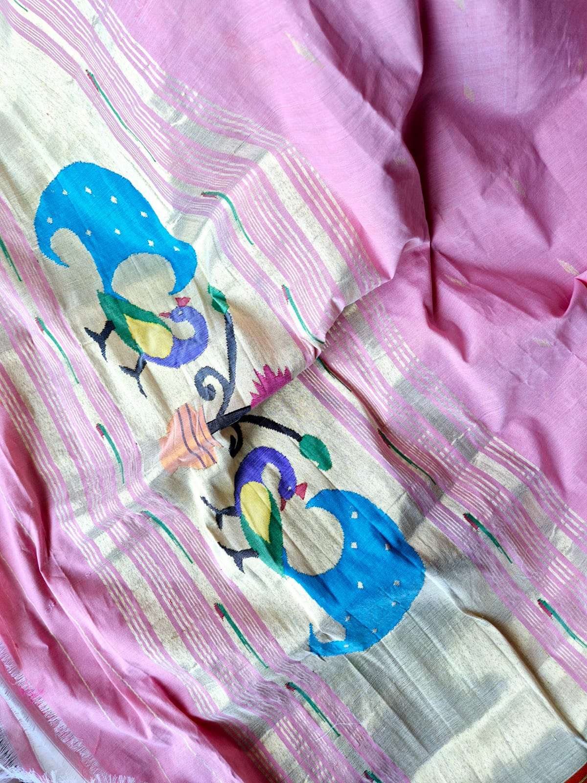 Pink Handloom Cotton Paithani Dupatta with Tissue Silk Muniya Border