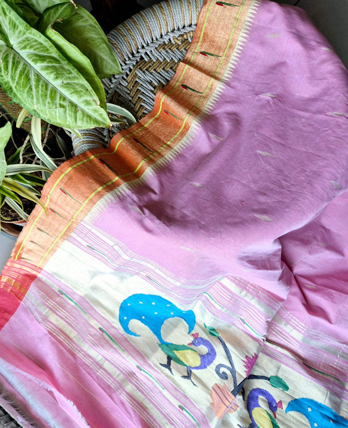 Pink Handloom Cotton Paithani Dupatta with Tissue Silk Muniya Border