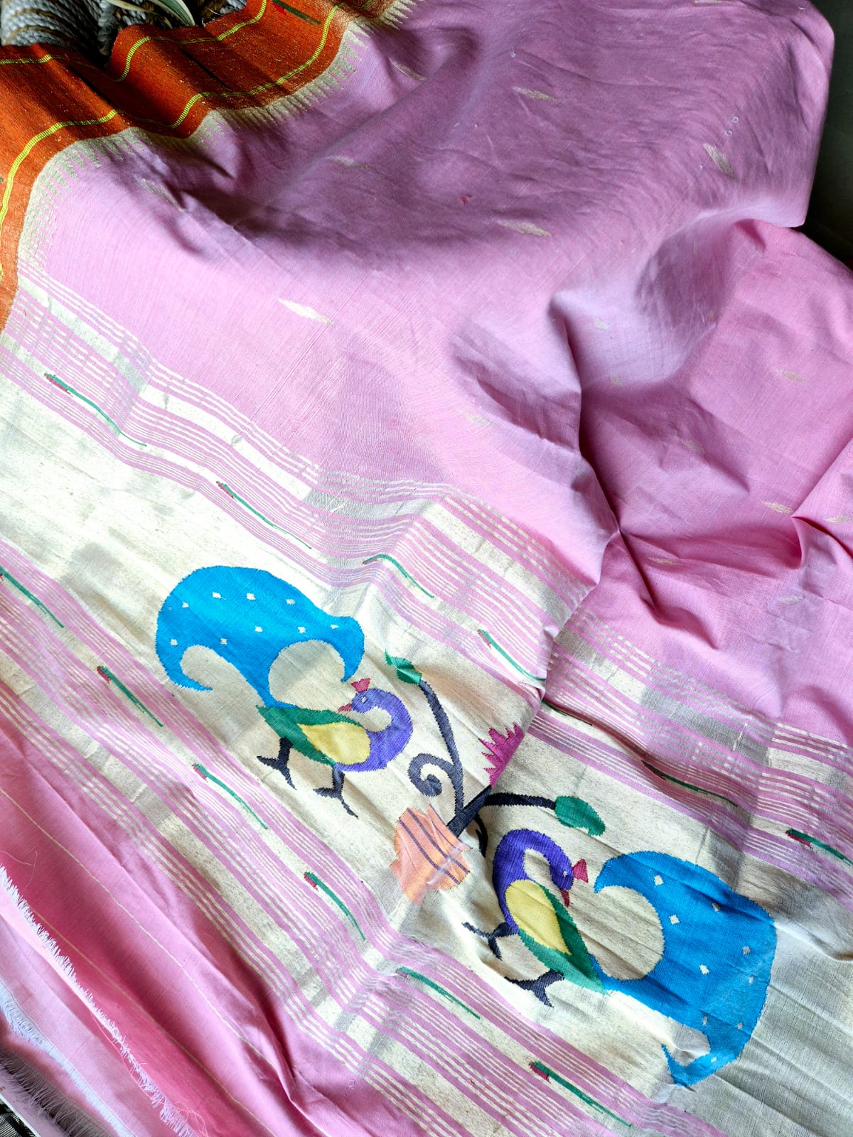 Pink Handloom Cotton Paithani Dupatta with Tissue Silk Muniya Border