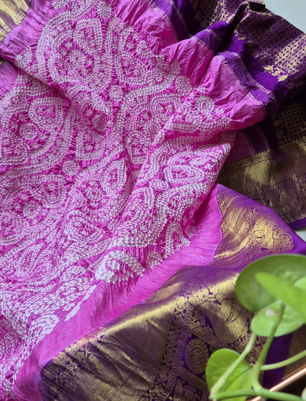 Pehrawa - Pink and Violet Kanjivaram Silk Bandhani Dupatta