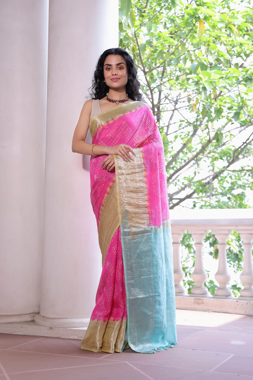 Pink, Yellow and Blue Mangalagiri Cotton Silk Bandhani Saree