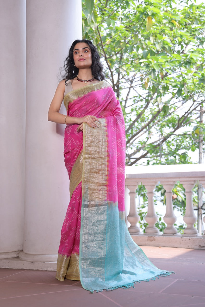 Pink, Yellow and Blue Mangalagiri Cotton Silk Bandhani Saree