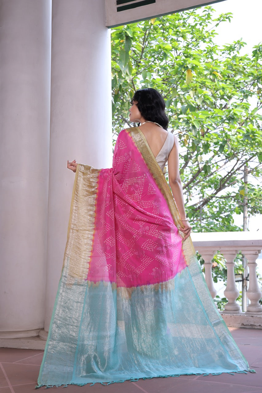 Pink, Yellow and Blue Mangalagiri Cotton Silk Bandhani Saree