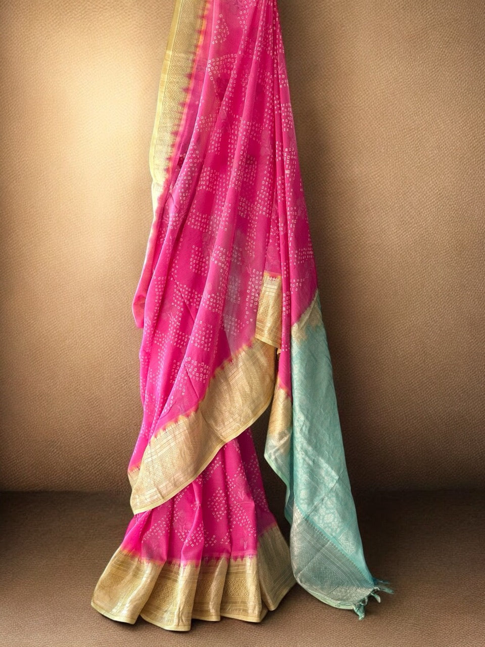 Pink, Yellow and Blue Mangalagiri Cotton Silk Bandhani Saree