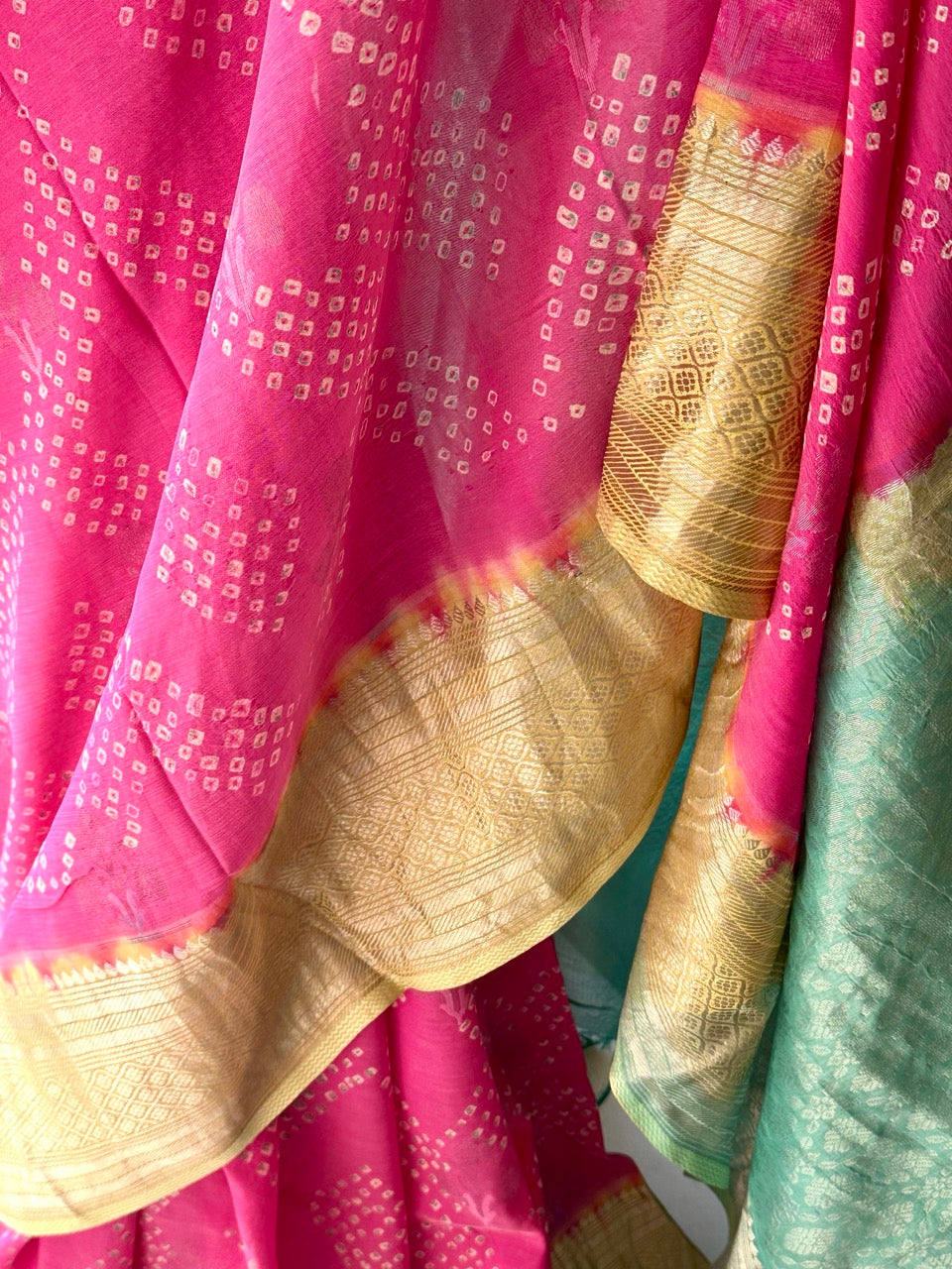 Pink, Yellow and Blue Mangalagiri Cotton Silk Bandhani Saree
